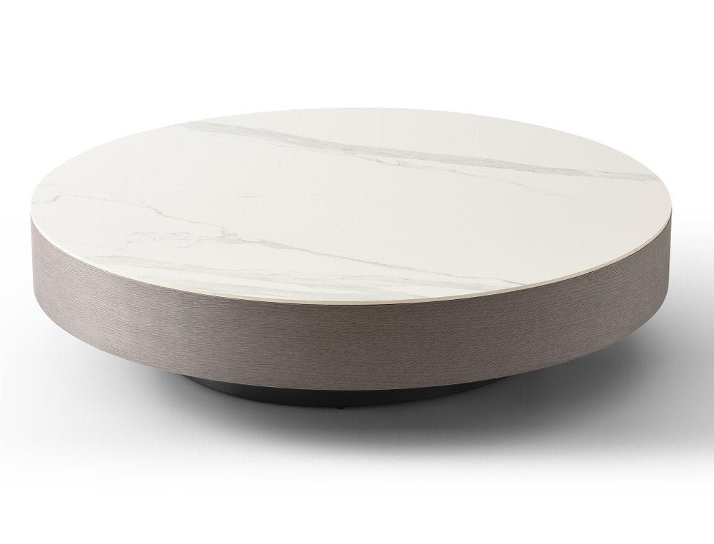 41" White and Gray Ceramic Tile and Wood Round Pedestal Coffee Table