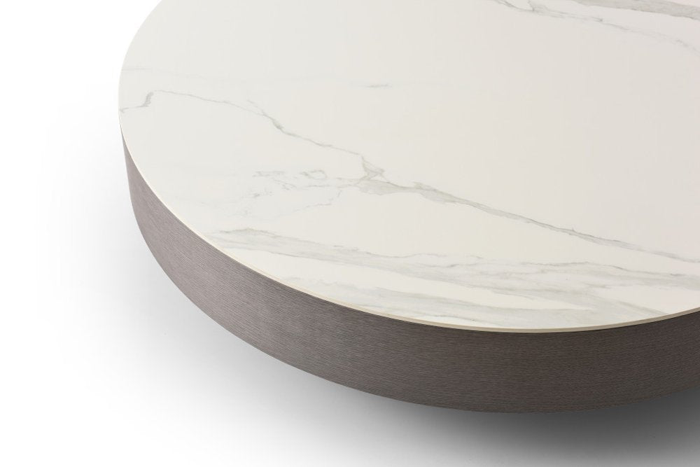 41" White and Gray Ceramic Tile and Wood Round Pedestal Coffee Table