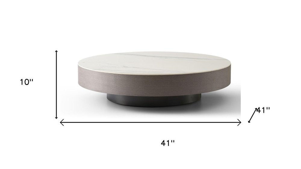 41" White and Gray Ceramic Tile and Wood Round Pedestal Coffee Table