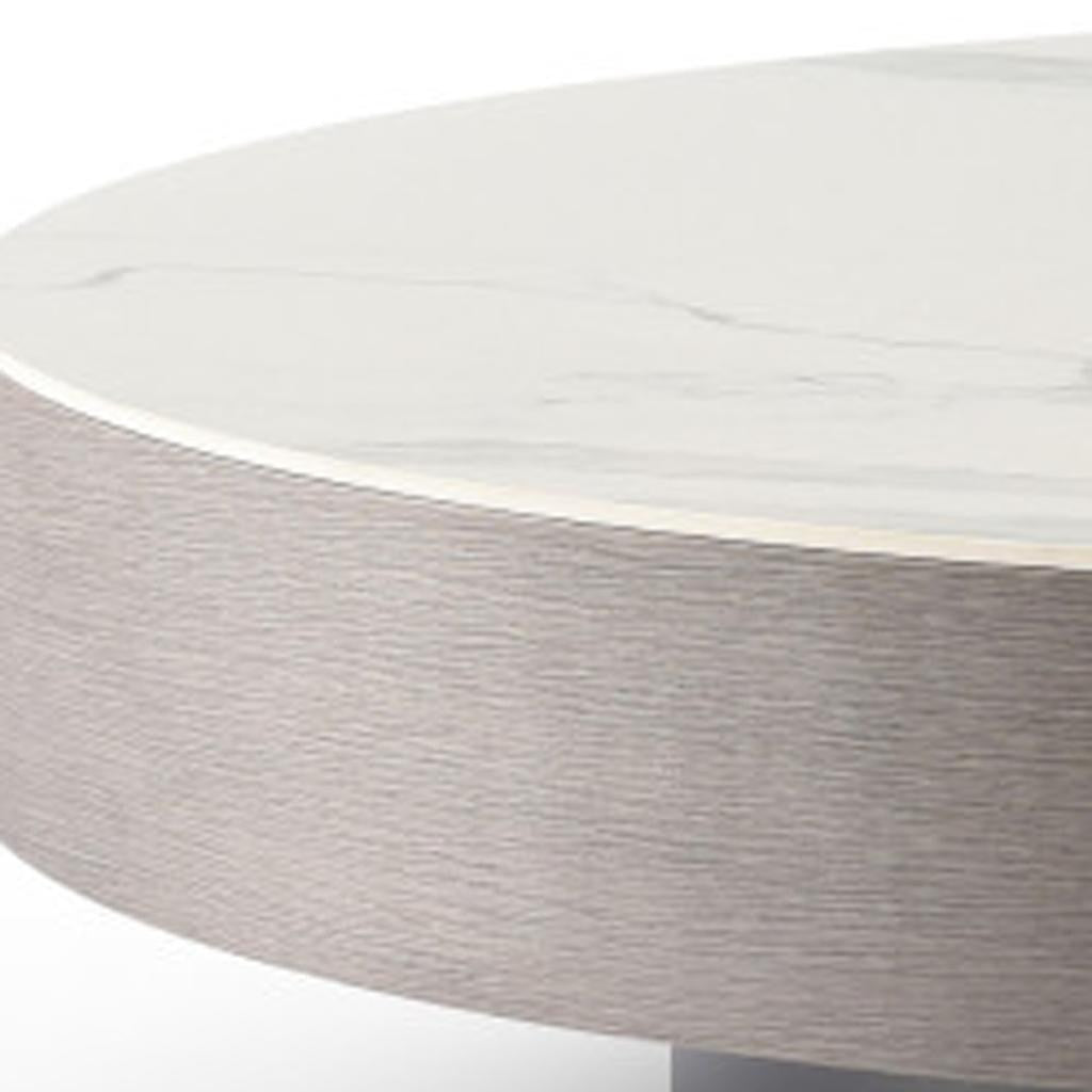 41" White and Gray Ceramic Tile and Wood Round Pedestal Coffee Table