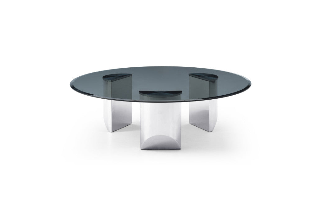 49" Black and Silver Mirrored Glass and Stainless Steel Round Coffee Table