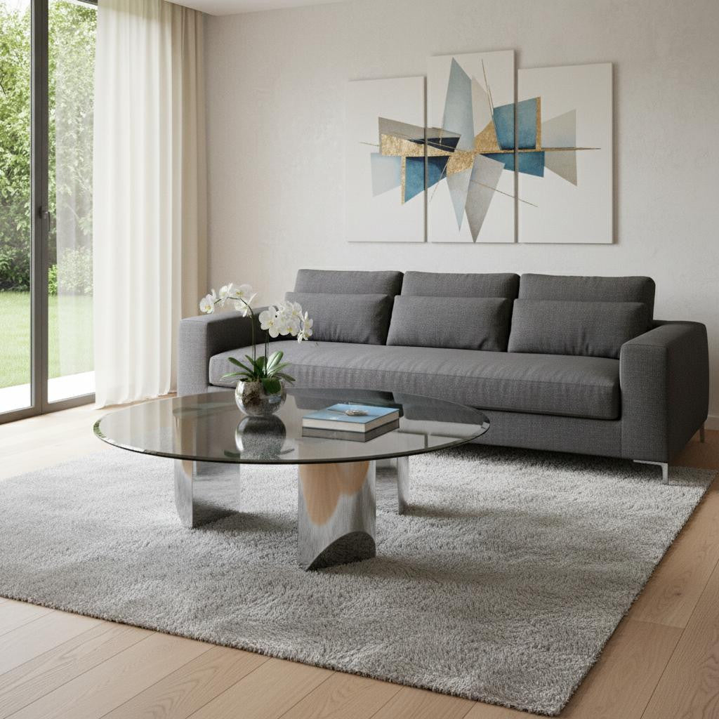 49" Black and Silver Mirrored Glass and Stainless Steel Round Coffee Table