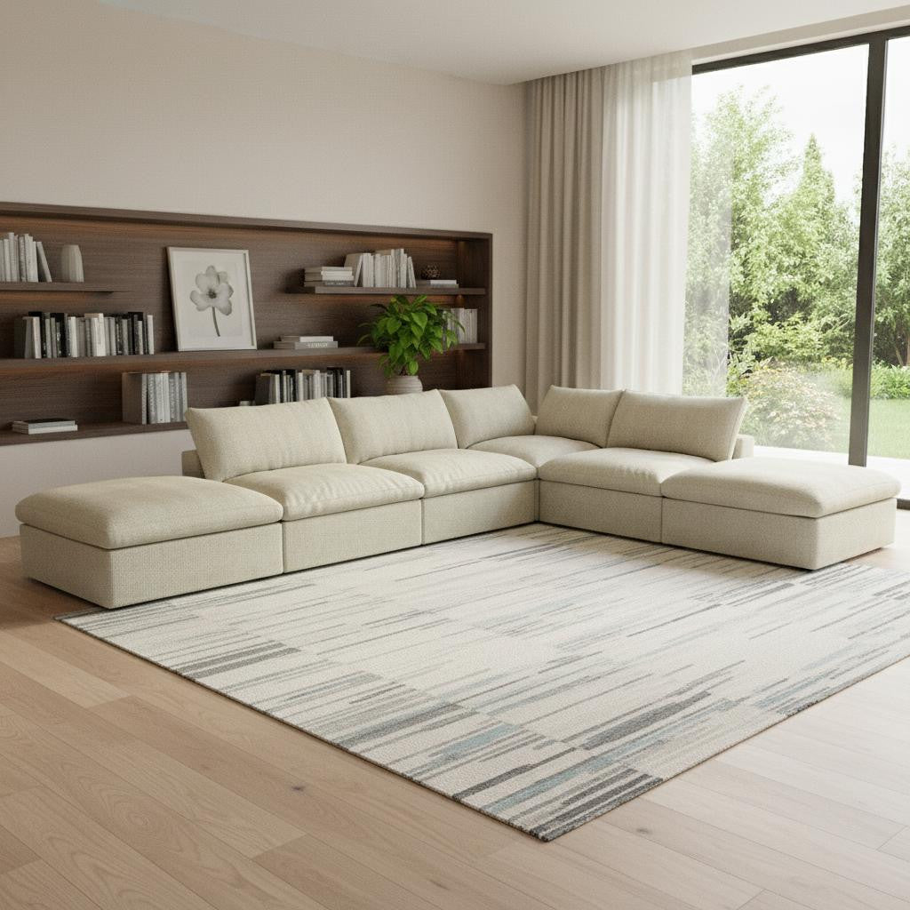 160" Khaki Linen Blend Modular Armless Sofa With Ottomans Toss Pillows And Storage