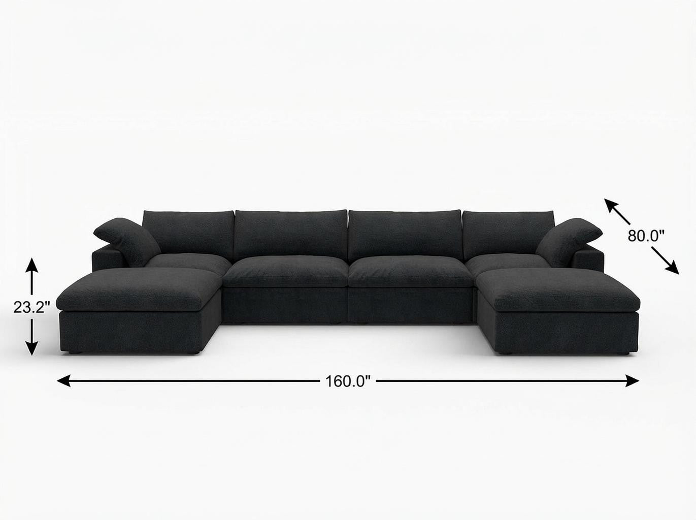 160" Black Linen Blend Modular Sofa With Ottomans Toss Pillows And Storage
