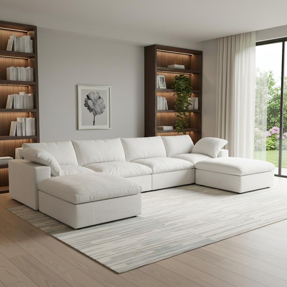 160" Black Linen Blend Modular Sofa With Ottomans Toss Pillows And Storage