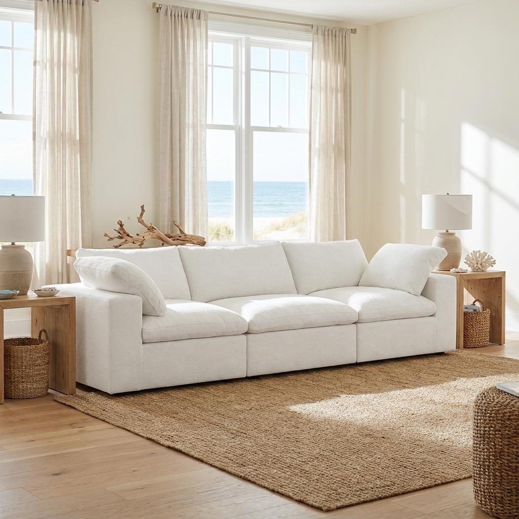 120" White Linen Blend Modular Sofa With Toss Pillows