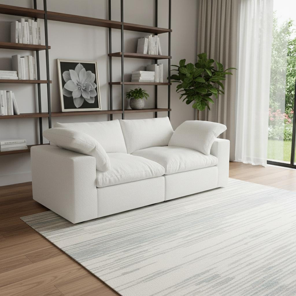 80" White Linen Blend Modular Loveseat and Toss Pillows
