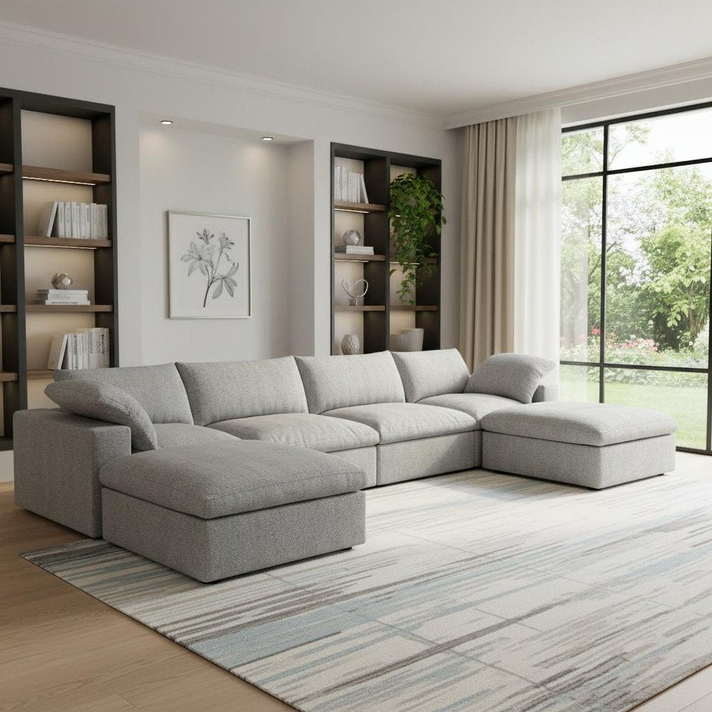 160" Black Linen Blend Modular Sofa With Ottomans Toss Pillows And Storage