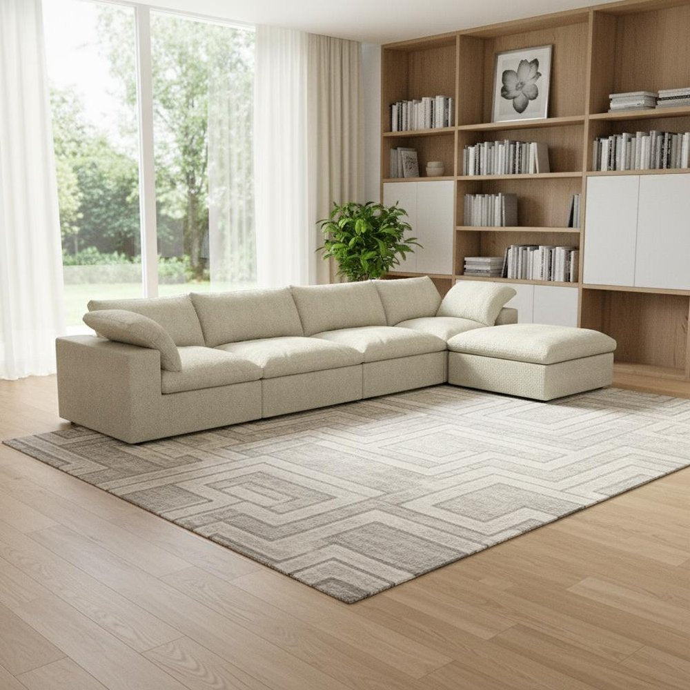 157" Khaki Linen Blend Modular Sofa With Ottoman And Toss Pillows