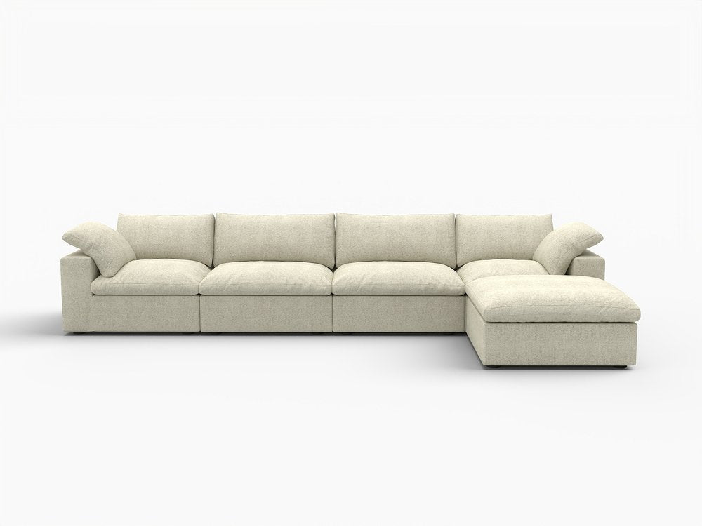 160" Khaki Linen Blend Modular Sofa With Ottoman And Toss Pillows