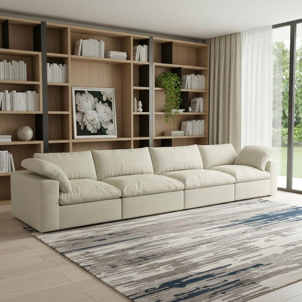 160" White Linen Blend Modular Sofa With Toss Pillows