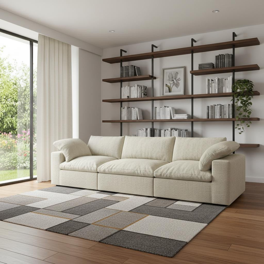 120" Khaki Linen Blend Modular Sofa With Toss Pillows