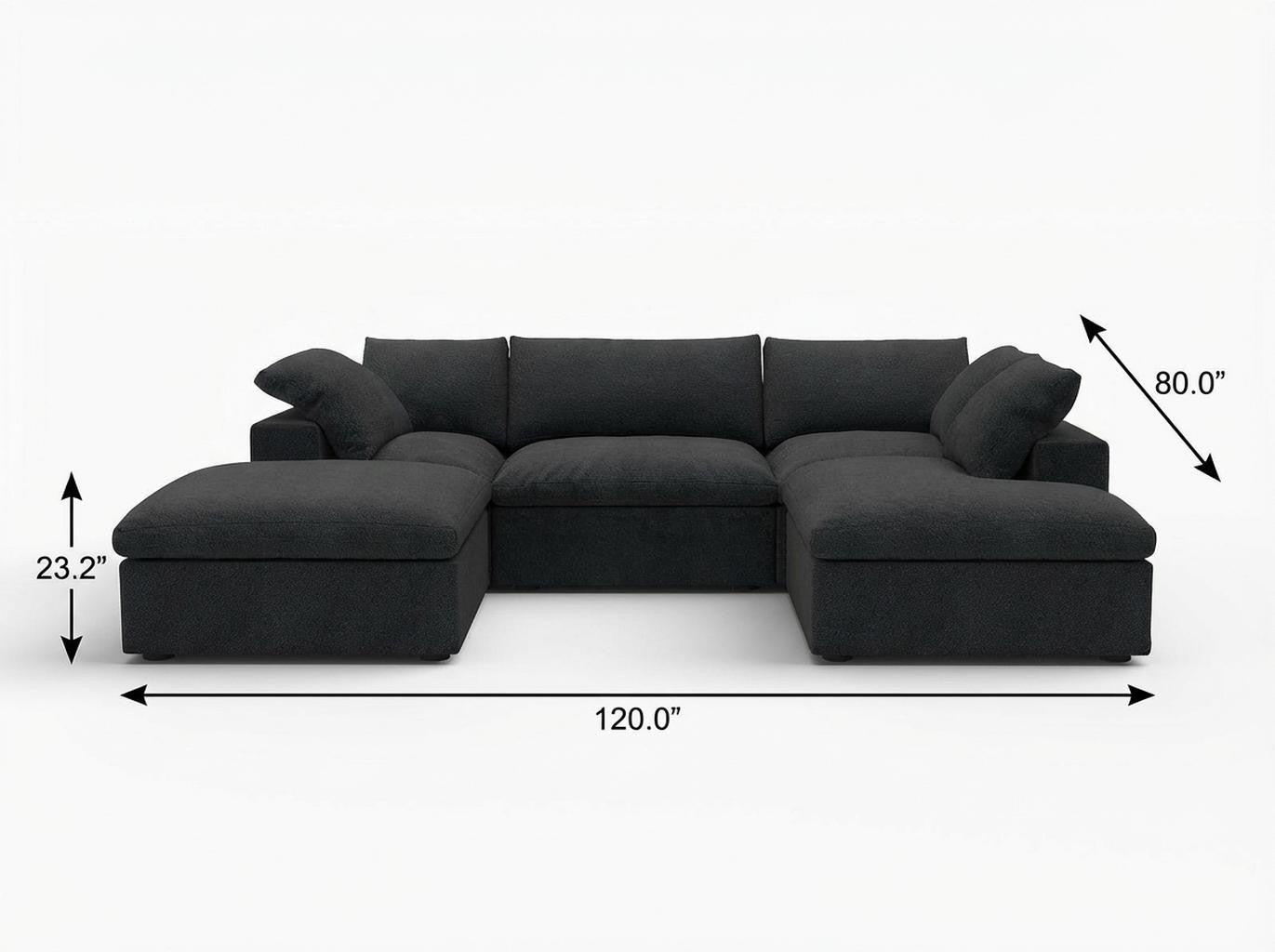 120" Black Linen Blend Modular Sofa With Ottomans Toss Pillows And Storage