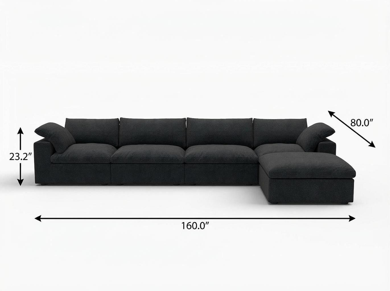 160" Black Linen Blend Modular Right Sofa With Ottoman And Toss Pillows