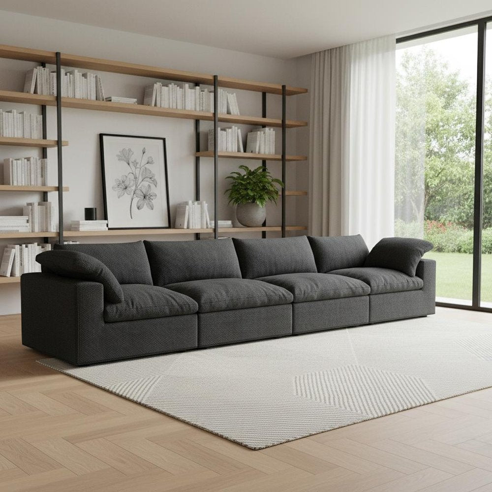 160" White Linen Blend Modular Sofa With Toss Pillows