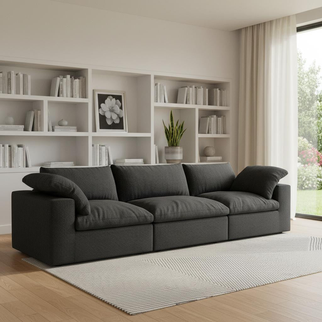 120" Black Linen Blend Modular Sofa With Toss Pillows