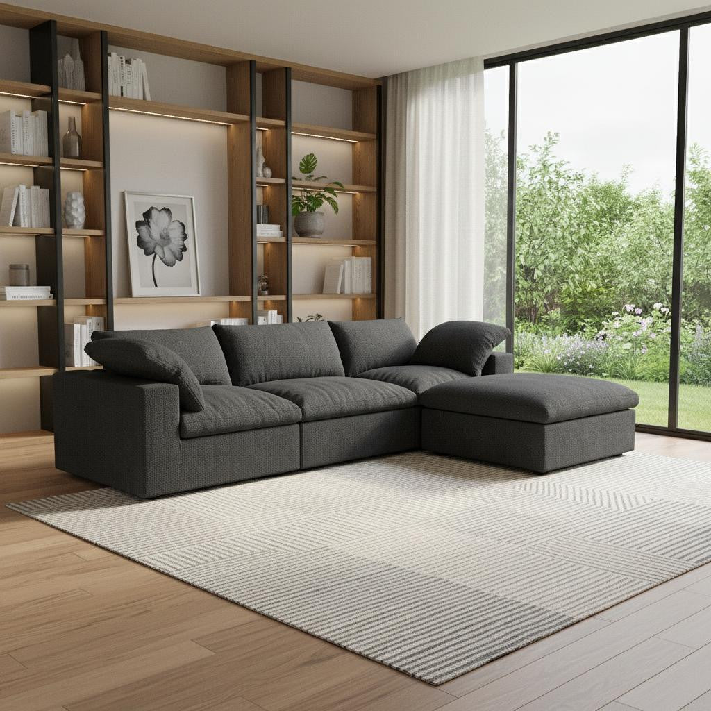 118" Black Linen Blend Modular Sofa With Ottoman And Storage