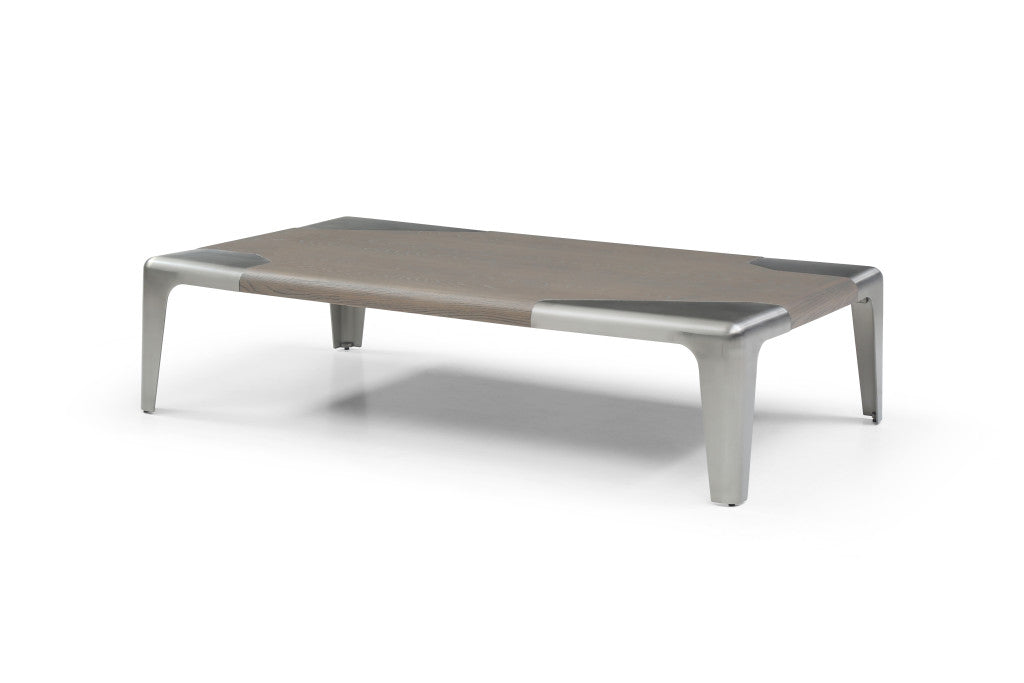 57" Light Gray and Silver Wood and Stainless Steel Coffee Table
