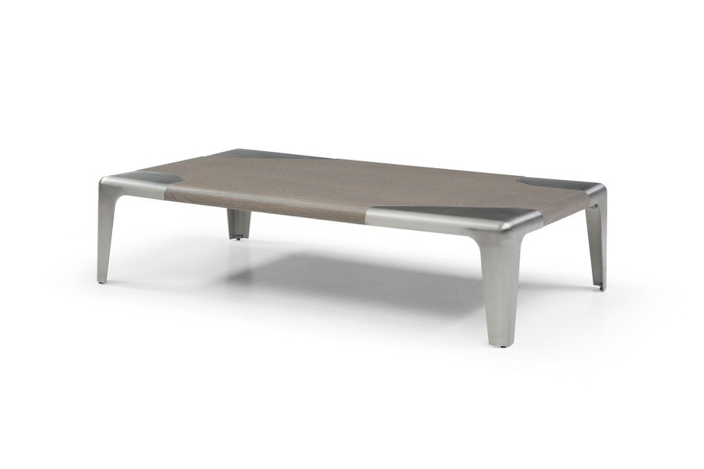 57" Light Gray and Silver Wood and Stainless Steel Coffee Table
