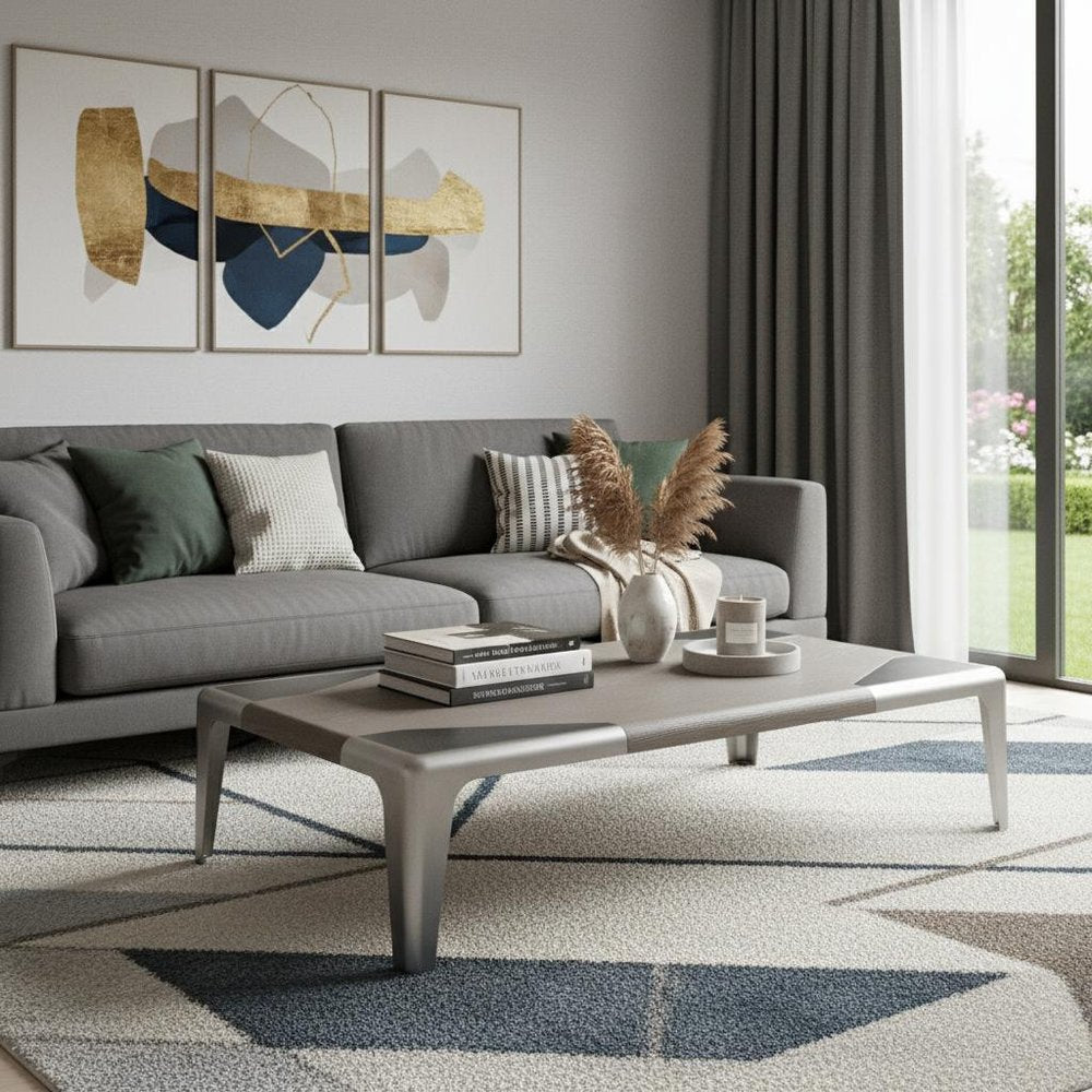57" Light Gray and Silver Wood and Stainless Steel Coffee Table