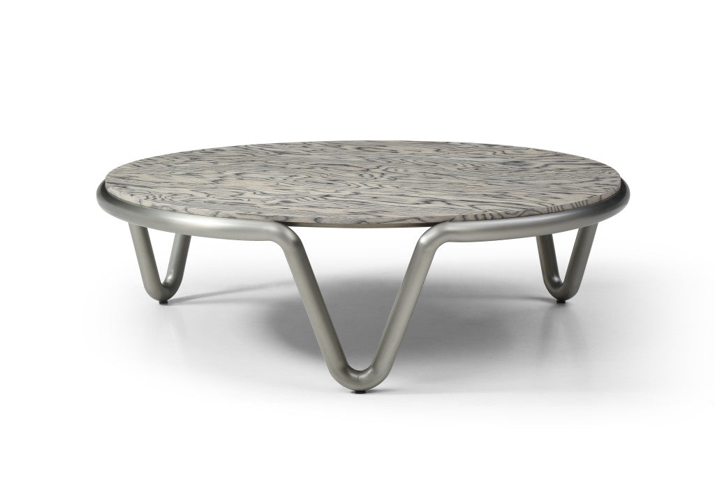 55" Gray and Silver Wood and Stainless Steel Round Coffee Table