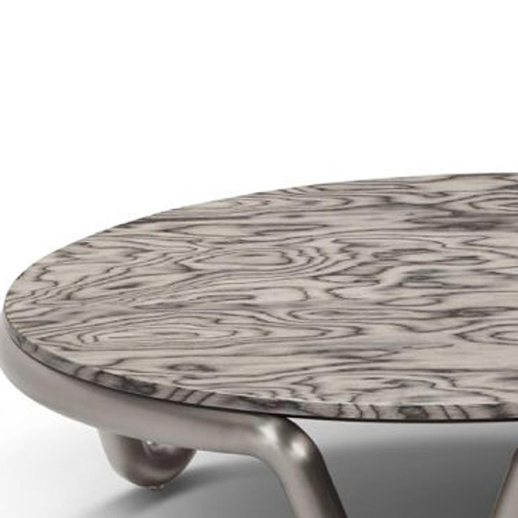 55" Gray and Silver Wood and Stainless Steel Round Coffee Table