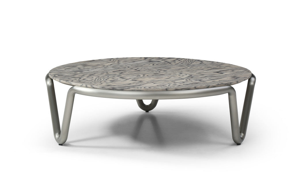 43" Gray and Silver Wood and Stainless Steel Round Coffee Table