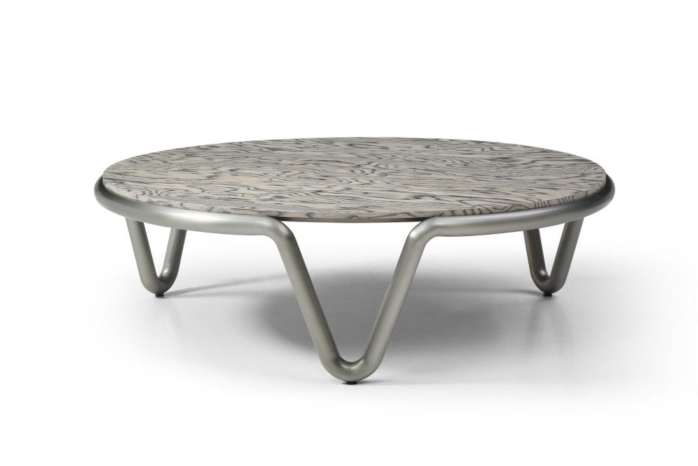 43" Gray and Silver Wood and Stainless Steel Round Coffee Table
