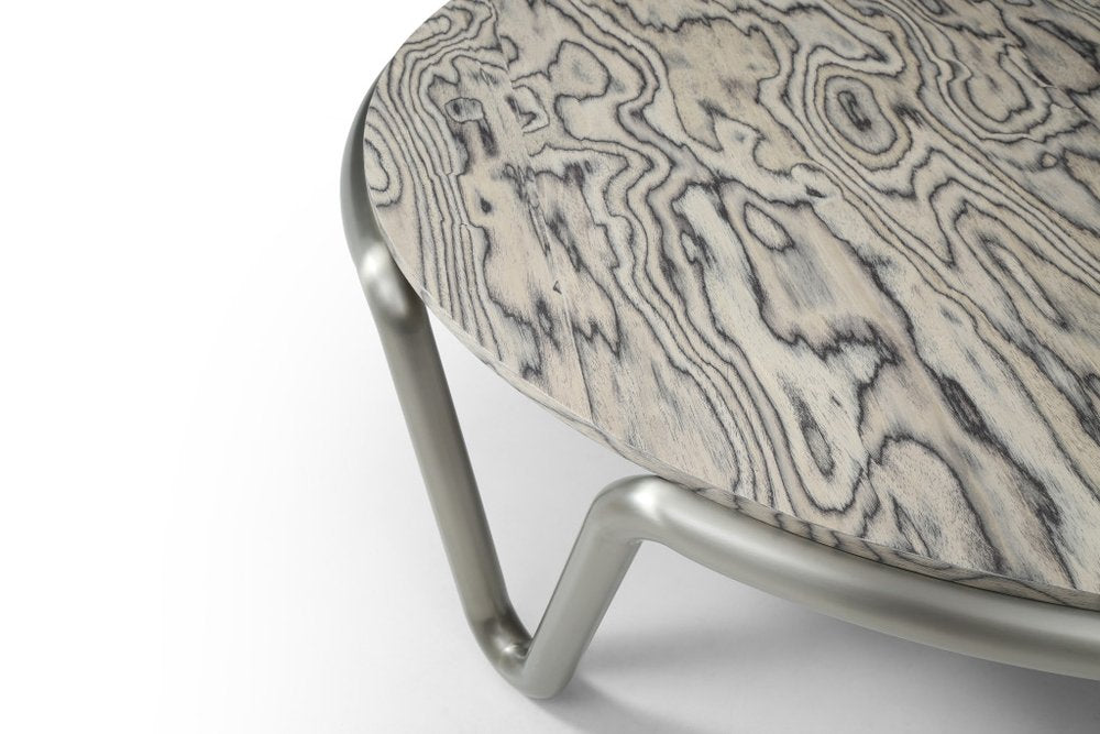43" Gray and Silver Wood and Stainless Steel Round Coffee Table