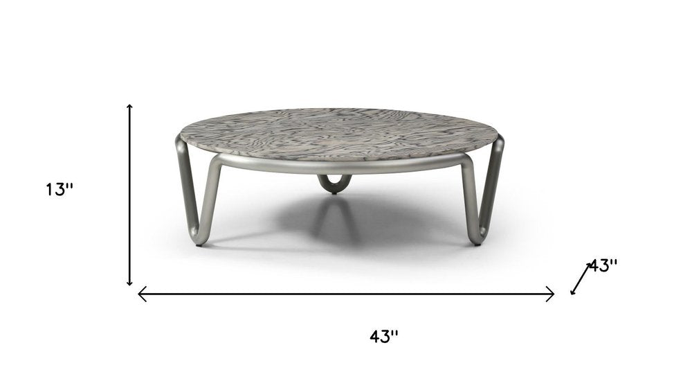 43" Gray and Silver Wood and Stainless Steel Round Coffee Table