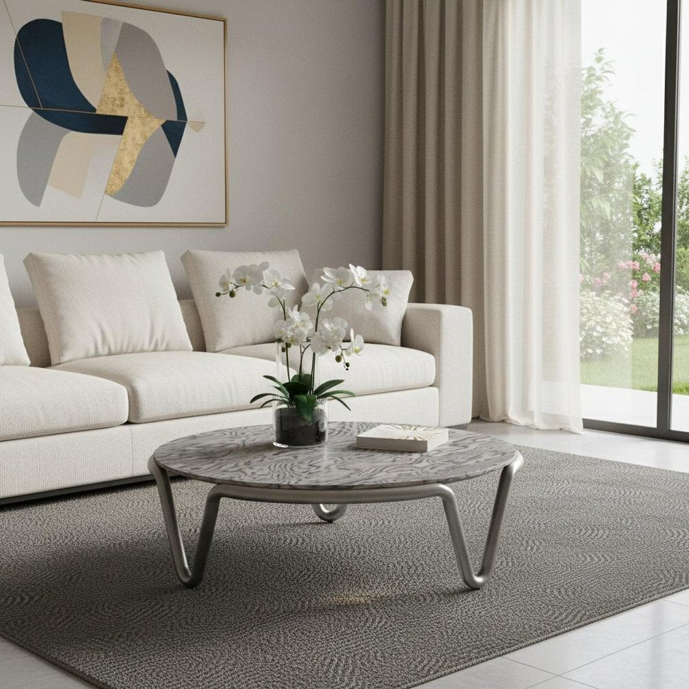43" Gray and Silver Wood and Stainless Steel Round Coffee Table
