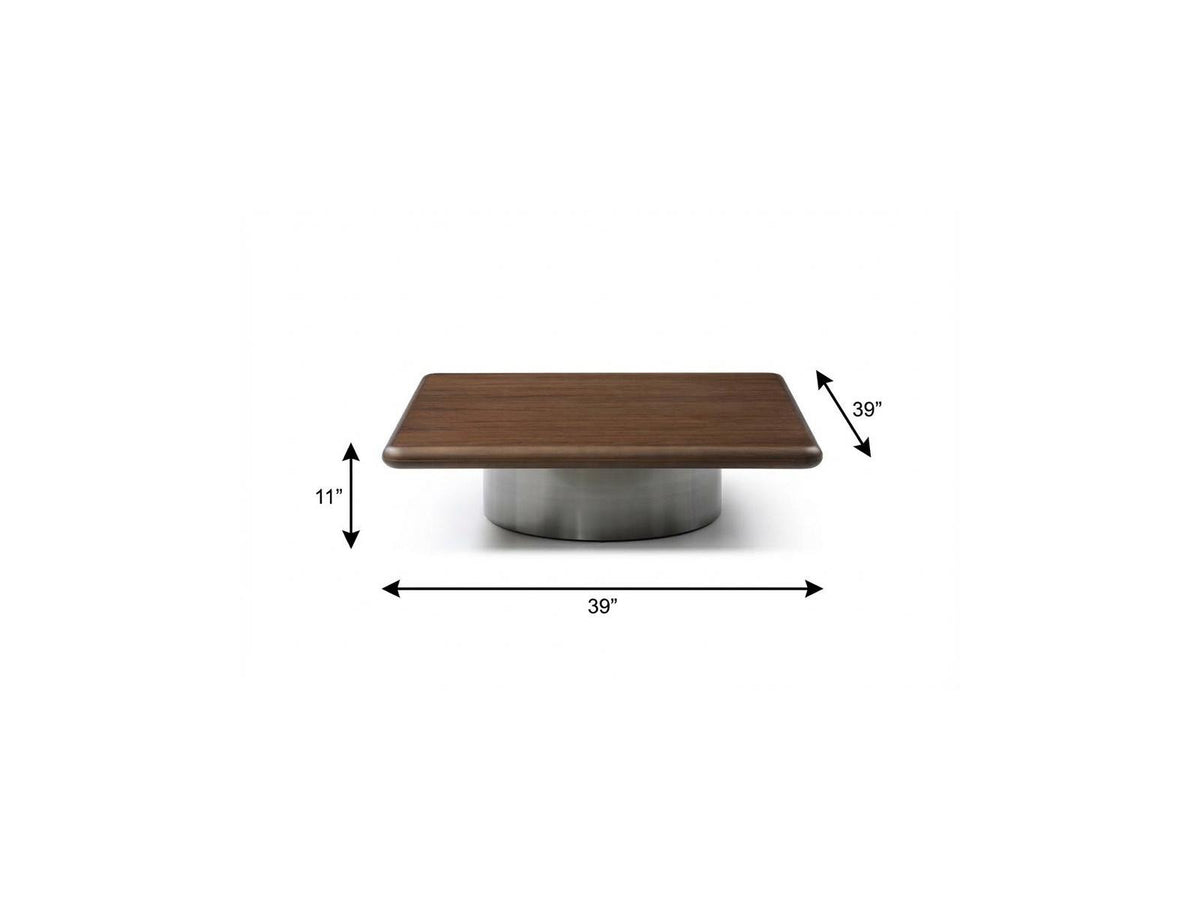 39" Brown and Silver Wood and Stainless Steel Square Pedestal Coffee Table