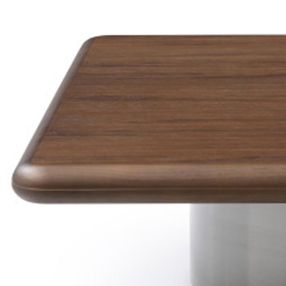 39" Brown and Silver Wood and Stainless Steel Square Pedestal Coffee Table