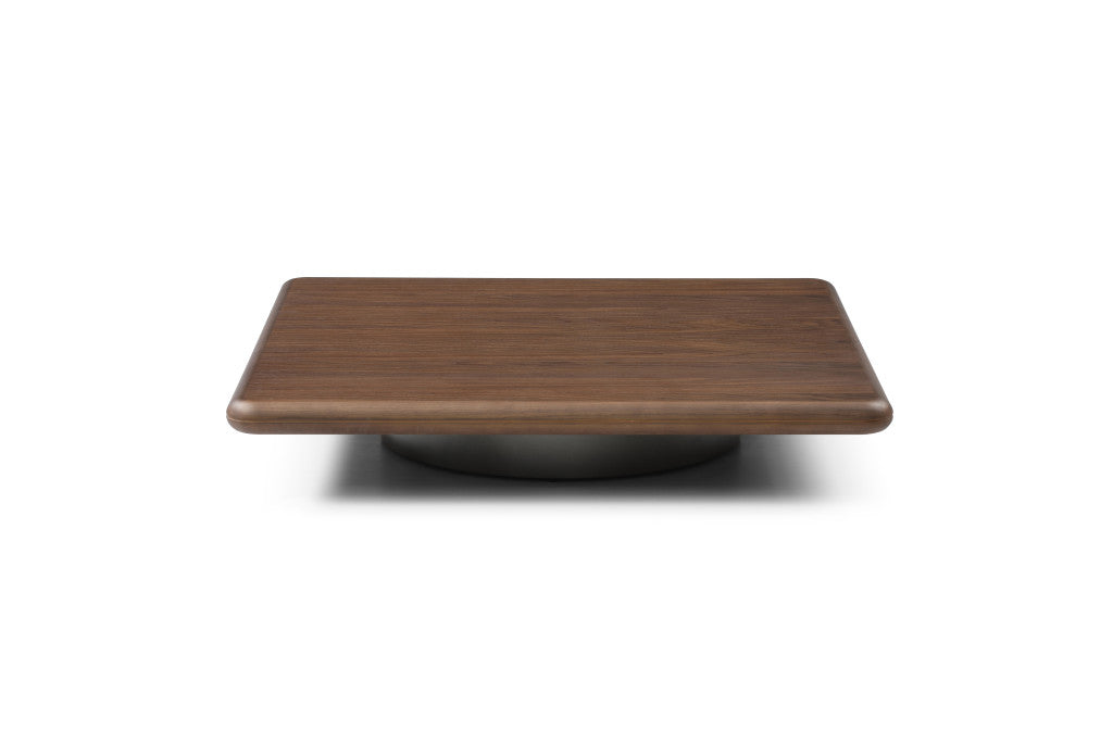 39" Brown and Silver Wood and Stainless Steel Square Pedestal Coffee Table