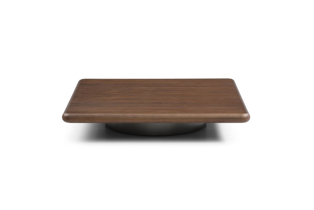 39" Brown and Silver Wood and Stainless Steel Square Pedestal Coffee Table