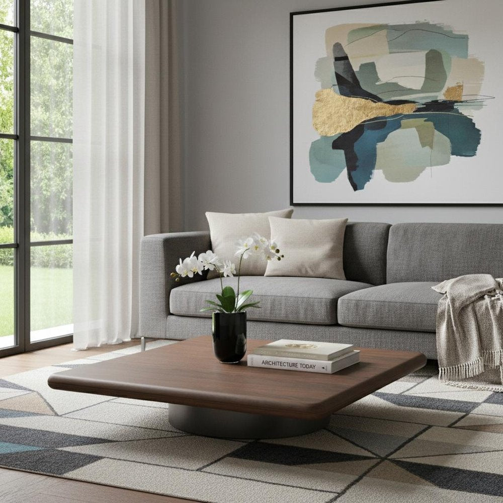 39" Brown and Silver Wood and Stainless Steel Square Pedestal Coffee Table