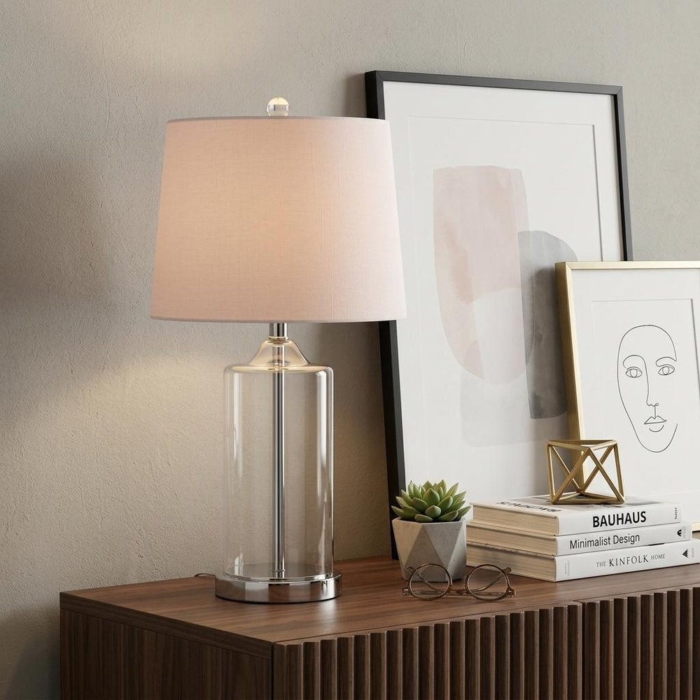 25" Silver Bedside Lamp With Drum Shade