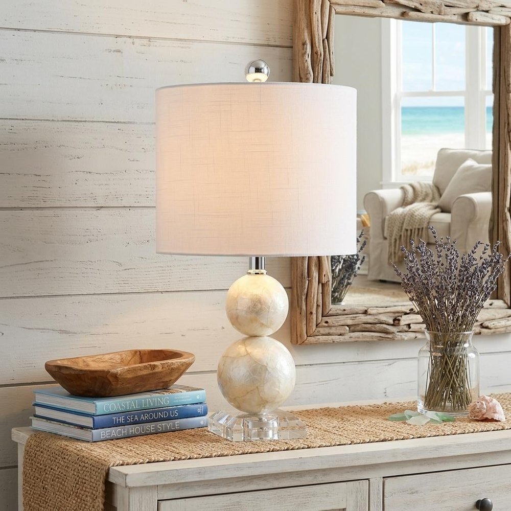 19" Clear And Off White Globe Table Lamp With Drum Shade