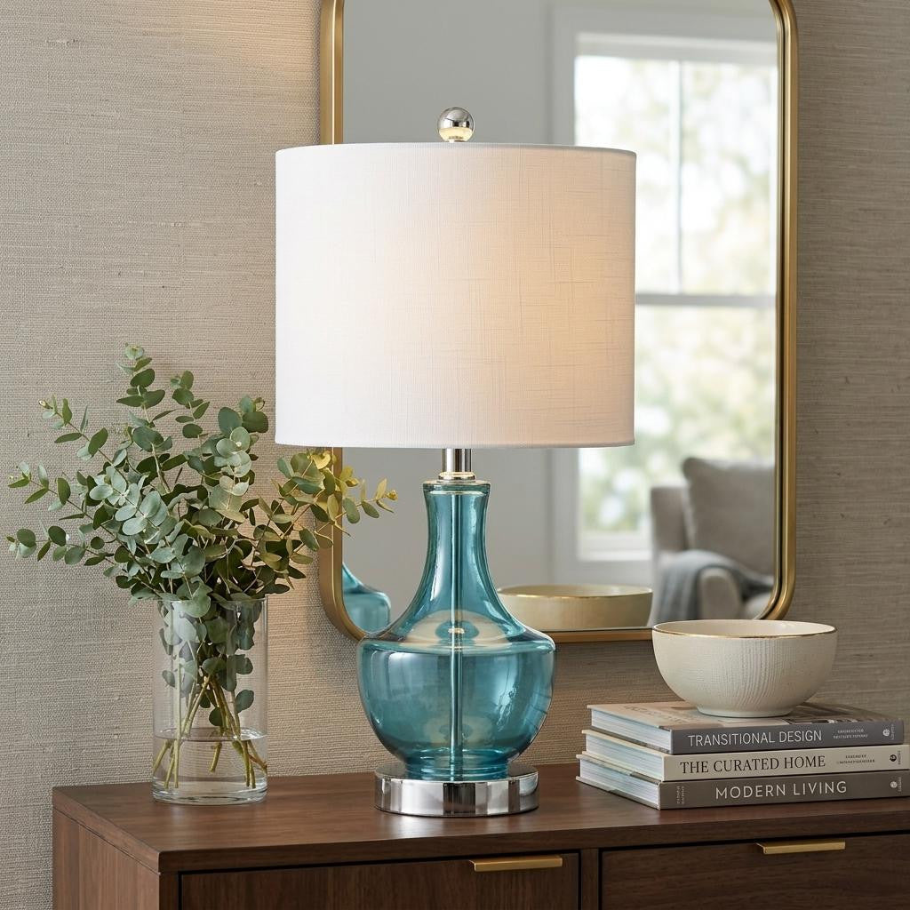 20" Turquoise And Silver Glass Gourd Table Lamp With Drum Shade