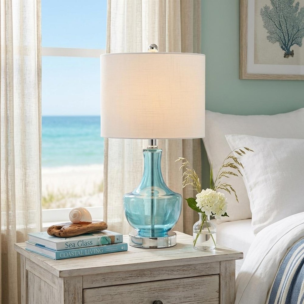 20" Turquoise And Silver Glass Gourd Table Lamp With Drum Shade