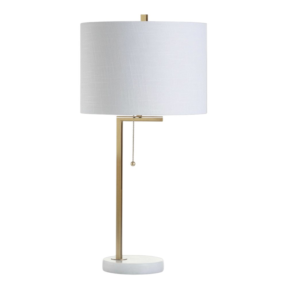 25" Brass And White Round Table Lamp With Drum Shade