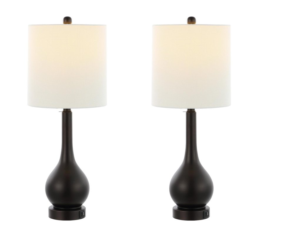 Set of Two 24" Antiqued Bronze Gourd Table Lamps With Drum Shades