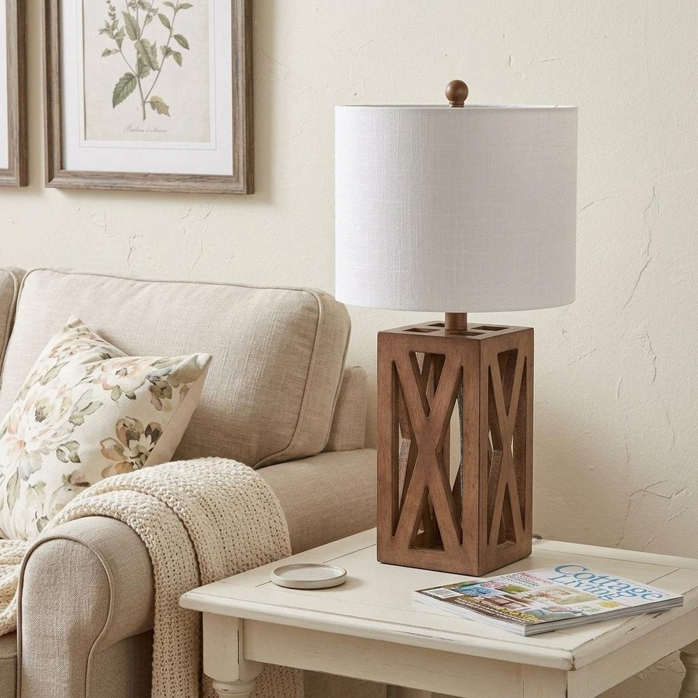 22" Brown Table Lamp With Drum Shade