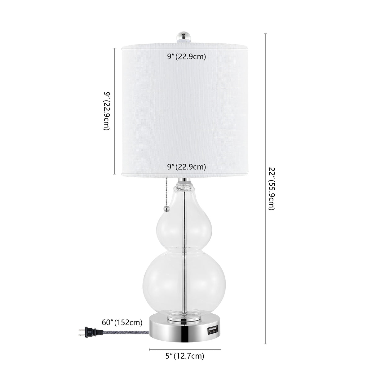 Set of Two 22" Clear And Silver Double Gourd USB Lamps With Drum Shades