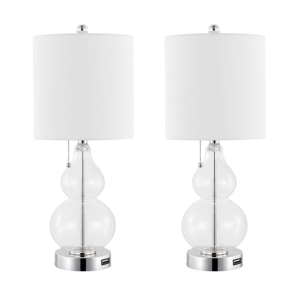 Set of Two 22" Clear And Silver Double Gourd USB Lamps With Drum Shades