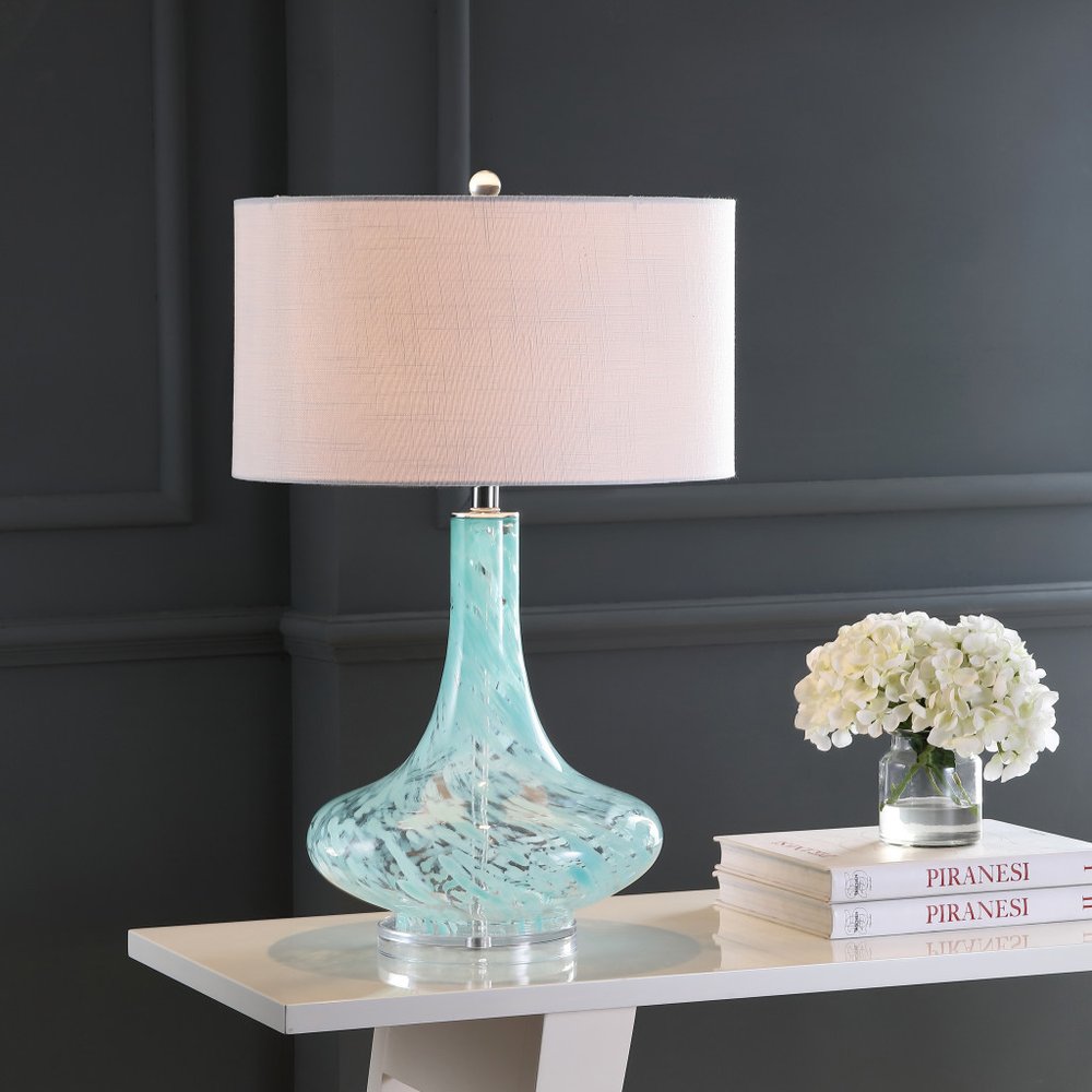 29" Light Blue And Clear Teardrop Glass Table Lamp With Drum Shade