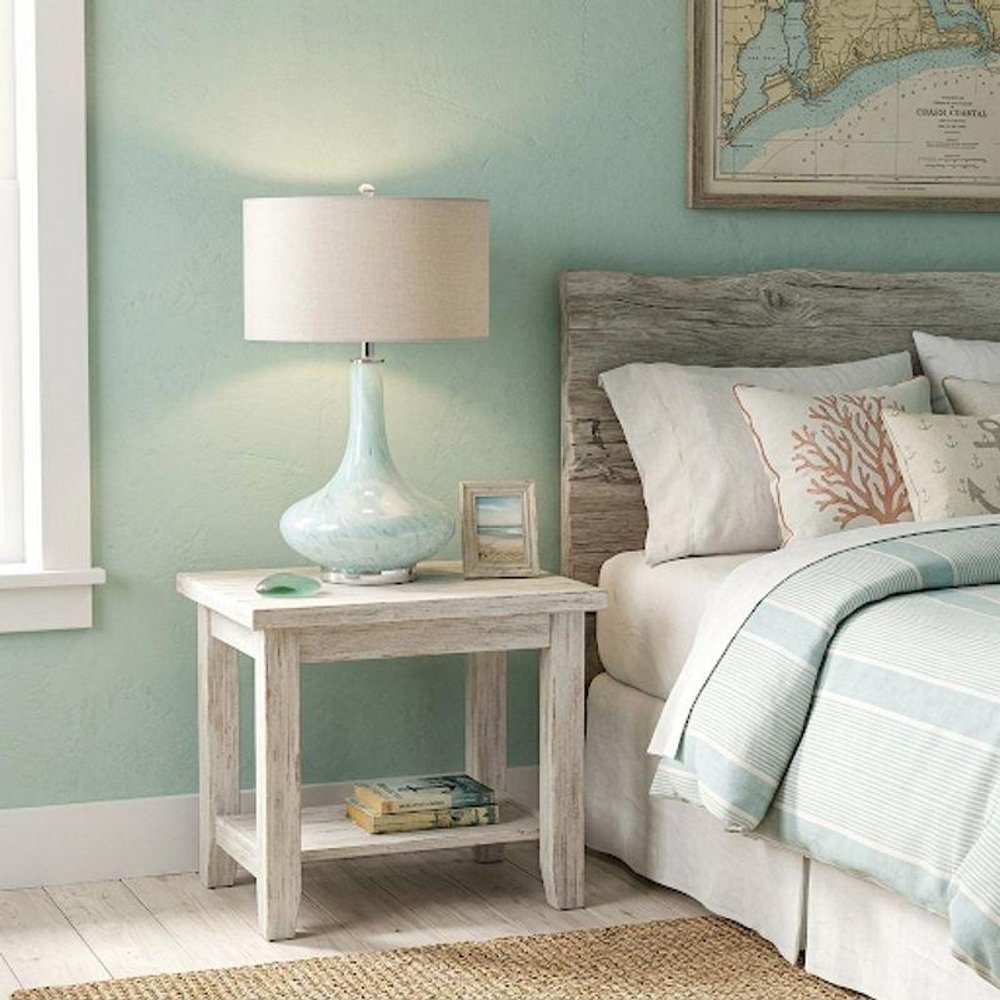 29" Light Blue And Clear Teardrop Glass Table Lamp With Drum Shade