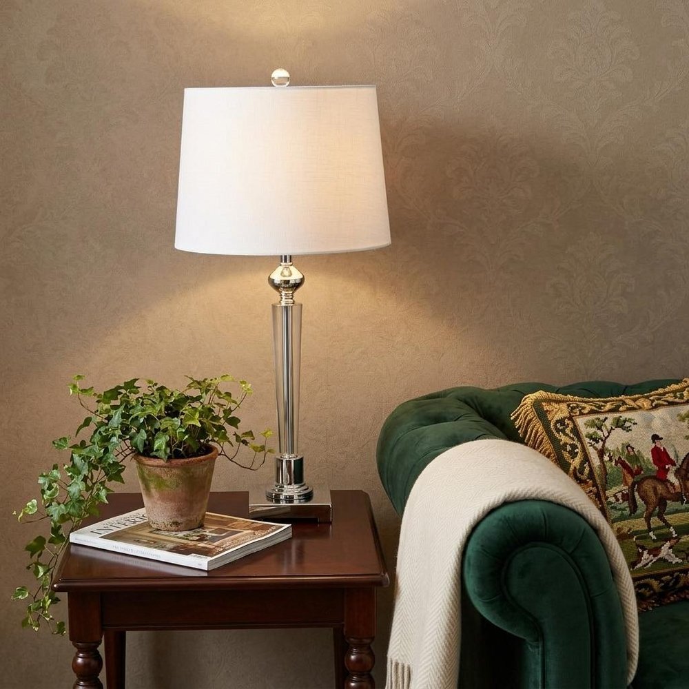 28" Silver Table Lamp With Drum Shade