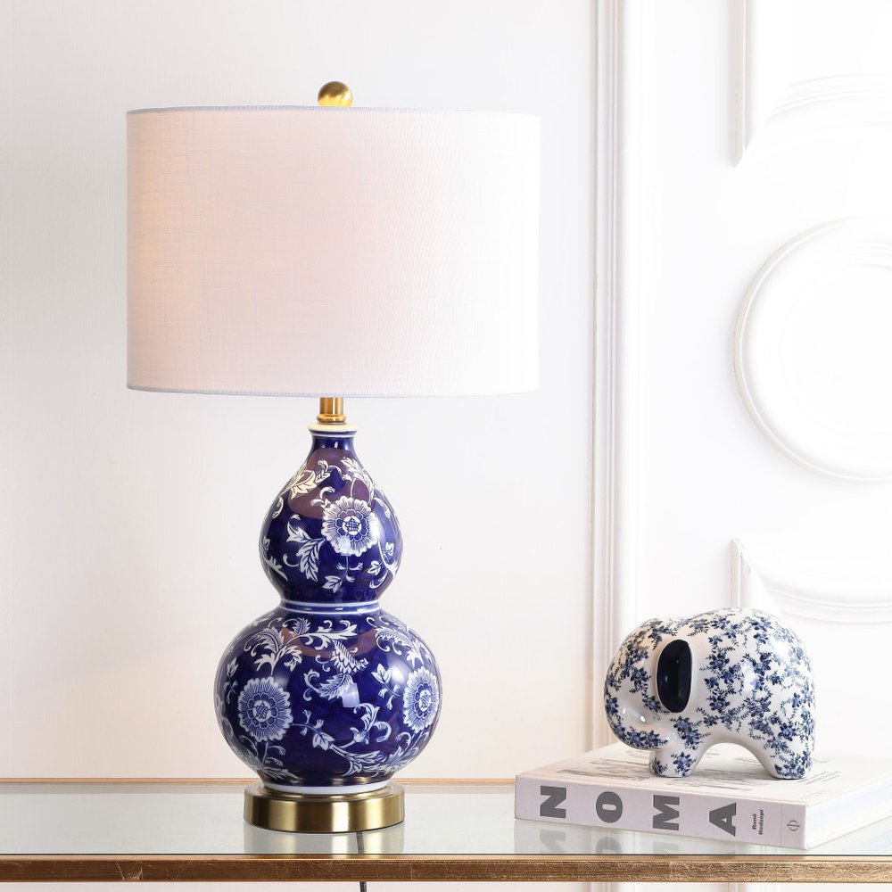 27" Blue Gold And White Novelty Table Lamp With Drum Shade