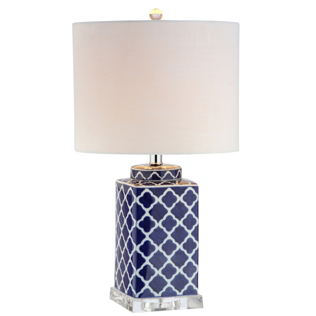 23" Clear Navy Blue And White Geometric Table Lamp With Drum Shade
